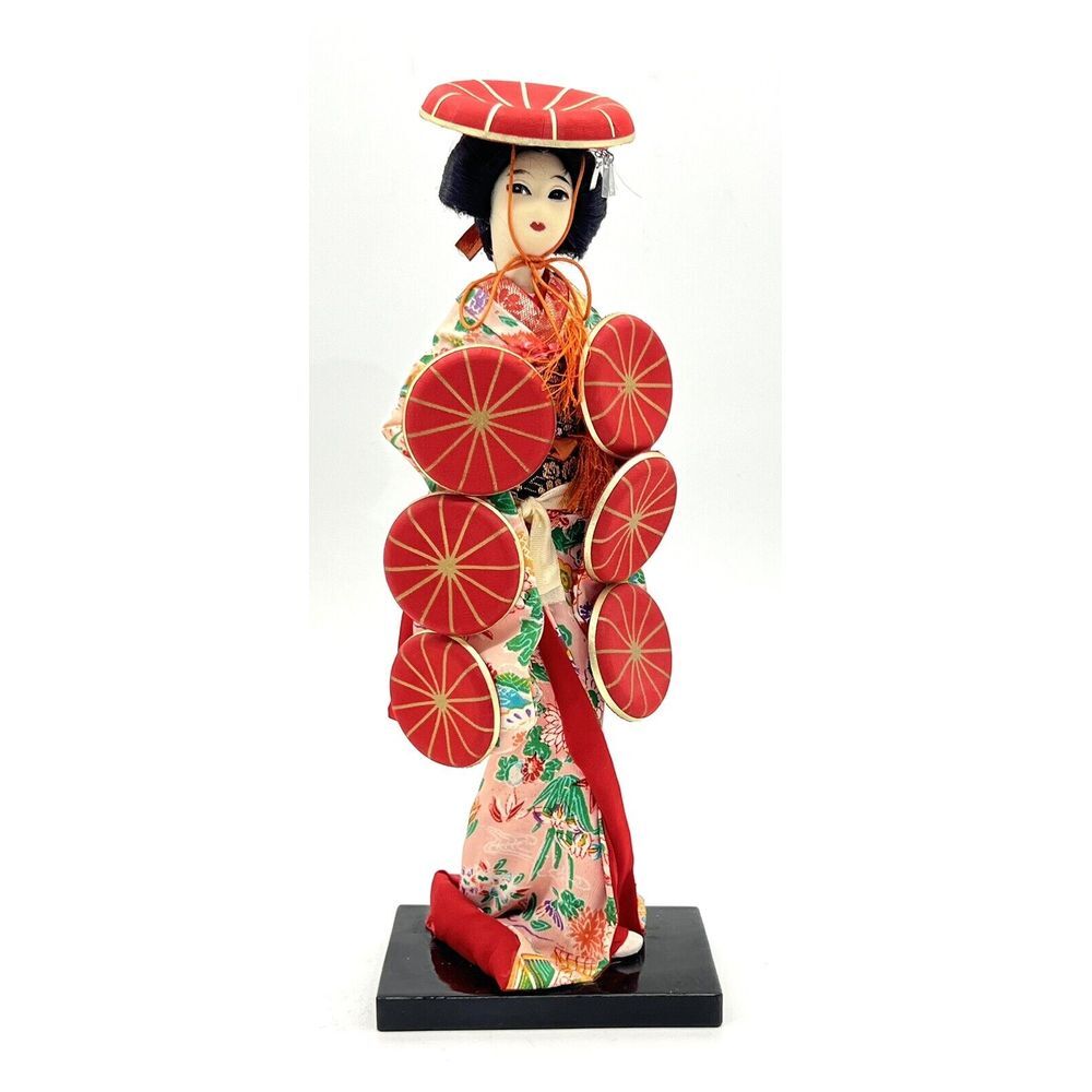 Vintage Nishi Geisha‎ Hat Dancing Doll 13" Japanese Lady Figurine Red/Pin Kimono